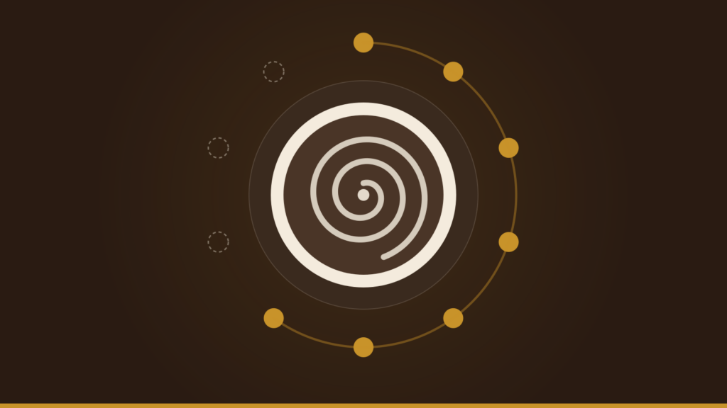 An overhead illustration of a coffee cup with latte art, ringed by a ten-stamp loyalty cycle with seven stamps earned